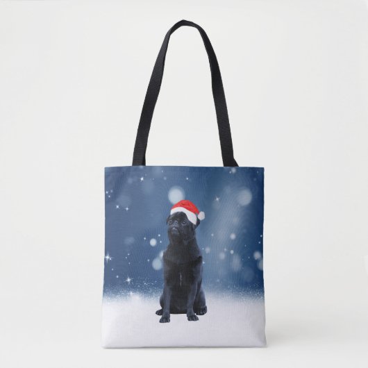 Tote Bag Jote Chien Carlin noir Noël Santa Hat Étoiles de n (Devant)