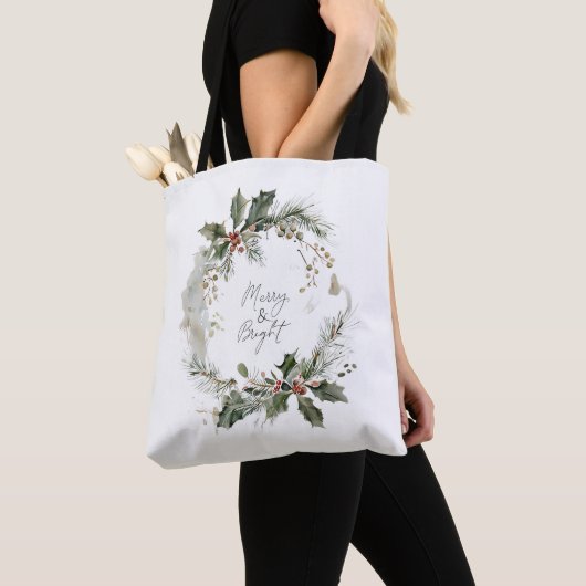 Tote Bag Joyeuse et brillante aquarelle couronne de Noël (De près)