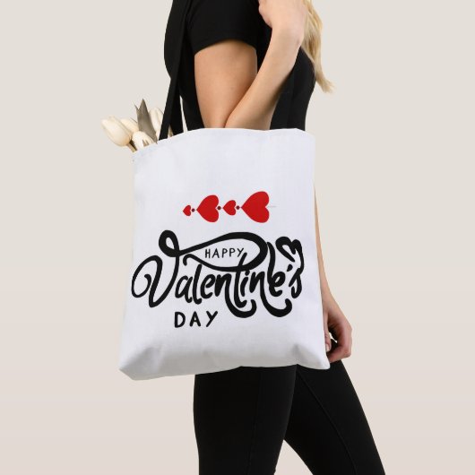 Tote Bag Joyeuse Saint-Valentin calligraphie Cœurs Rouges F (De près)