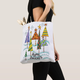 Tote Bag Joyeuses Fêtes ! Jolis Arbres de Noël avec Étoiles
