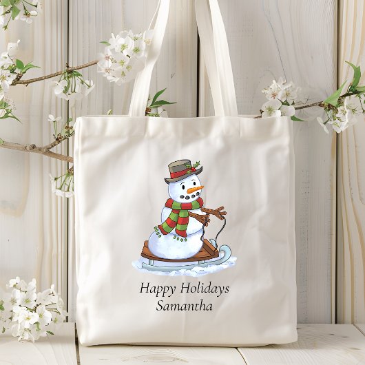 Tote Bag Joyeuses fêtes Nom personnalisé Snowman Sledding
