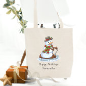 Tote Bag Joyeuses fêtes Nom personnalisé Snowman Sledding