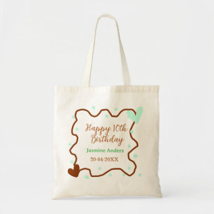 Tote Bag Joyeux 10e anniversaire vert pastel marron bordure