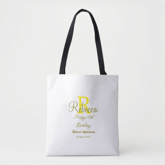 Tote Bag Joyeux 15e anniversaire jaune ajouter nom monogram (Devant)