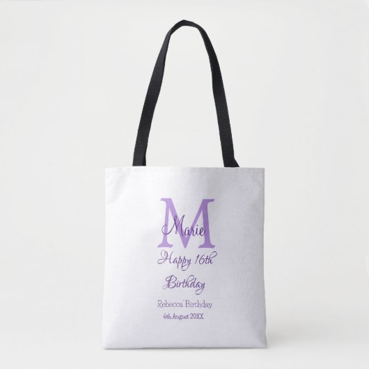 Tote Bag Joyeux 16e anniversaire violet ajouter nom monogra (Devant)