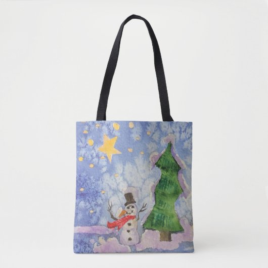 Tote Bag Joyeux Arbre De Noël Et Aquarelle De Snowman Froid (Devant)