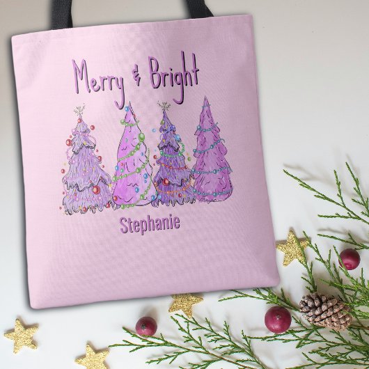 Tote Bag Joyeux Arbres De Noël Roses Et Violets
