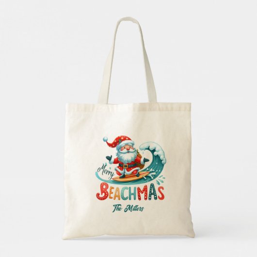 Tote Bag Joyeux Beachmas Père Noël Surfing Retro Design (Dos)