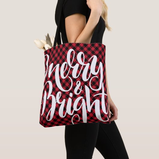 Tote Bag Joyeux Bright Red Buffalo Plaid Tartan Xmas (De près)