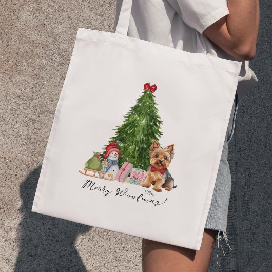 Tote Bag Joyeux cadeau de Noël Woofmas avec nom Yorkie