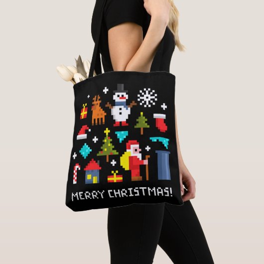 Tote Bag Joyeux dessins en pixels de Noël (De près)