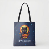 Tote Bag Joyeux Halloween Chat noir avec Halloween Citrouil (Devant)