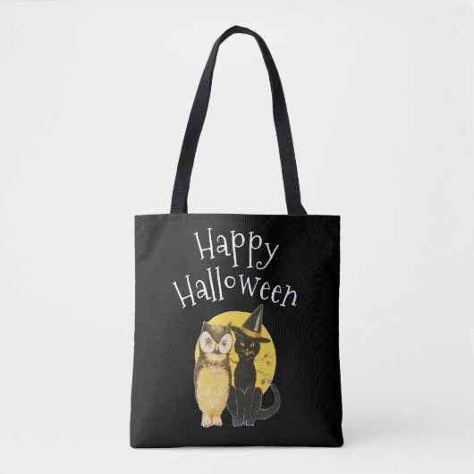 Tote Bag Joyeux Halloween, Chat noir et Chouette (Devant)