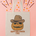 Tote Bag Joyeux Halloween Y'all Funny Cowboy Jack-o'-lanter<br><div class="desc">Joyeux Halloween Y'all avec un casquette de cowboy amusant sur un citrouille. Un cadeau d'humour d'Halloween Jack O'Lantern pour un tournoi de Texan. Design citrouille du Texas mignon pour nos amis du sud. Jack-o'-lantern éffrayant mais adorable.</div>