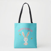 Tote Bag Joyeux lapin blanc de Pâques sur bleu (Devant)