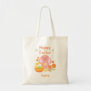 Tote Bag Joyeux lapin rose de Pâques et fleurs