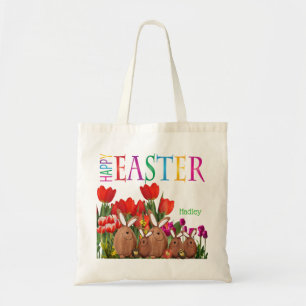 Tote Bag Joyeux lapins de Pâques avec tulipes