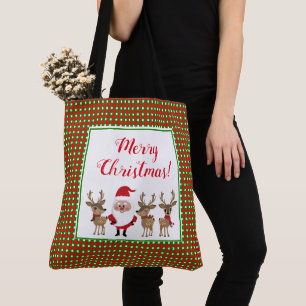 Tote Bag Joyeux Noël Carreaux Rouges Verts Père Noël