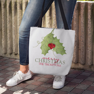 Tote Bag Joyeux Noël Feuilles de Houx Nom de Famille Vacanc