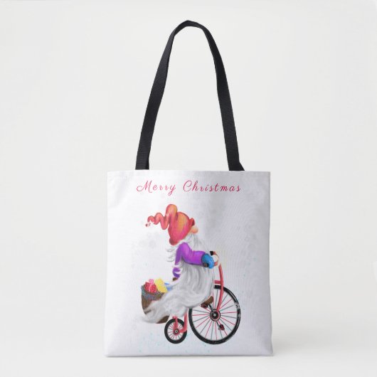 Tote Bag Joyeux Noël - Gnome drôle avec vélo et cadeaux (Devant)