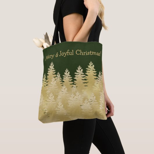 Tote Bag Joyeux Noël Joyeux Pins d'Or Vert Foncé Arbres (De près)