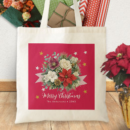 Tote Bag Joyeux Noël Nom de Famille Floral Hiver Rouge