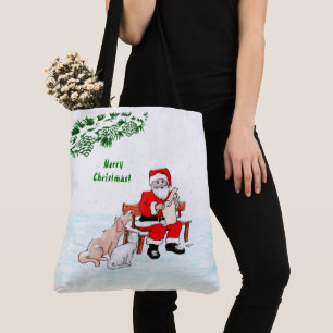 Tote Bag Joyeux Noël! Père Noël avec chat et chien