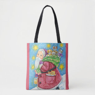 Tote Bag Joyeux Noël, Père Noël avec des chatons et des cha