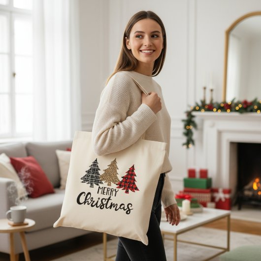 Tote Bag Joyeux Noël Plaid Arbres de Noël