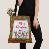Tote Bag Joyeux Noël Plaid Rouge Vert Père Noël (De près)