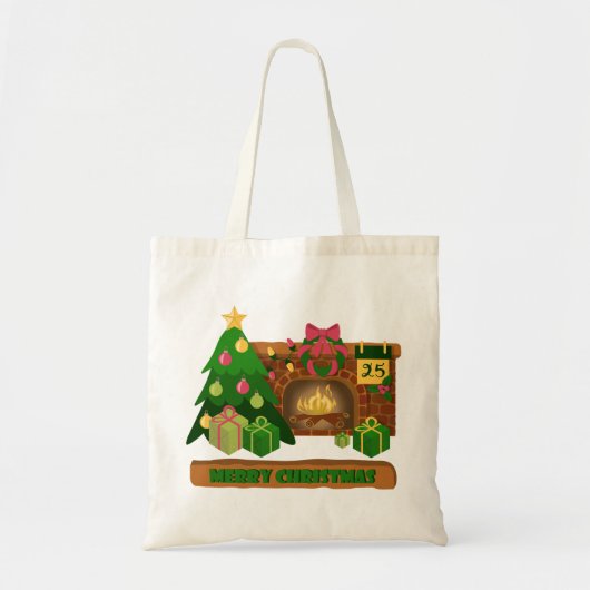 Tote Bag Joyeux Noël près de la cheminée bonfire xmas arbre (Devant)