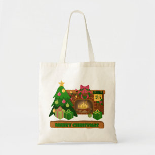 Tote Bag Joyeux Noël près d'un feu de cheminée arbre de noë