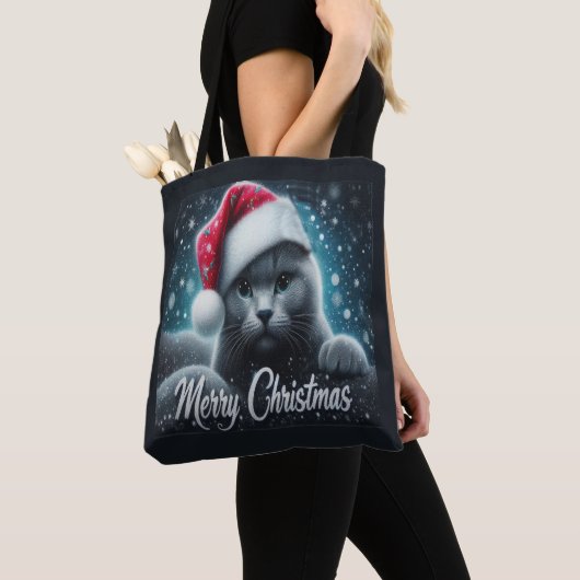 Tote Bag Joyeux Noël Russe bleu Chat, Noël Père Noël Chat (De près)