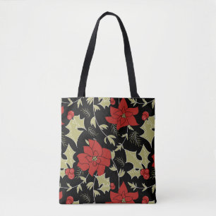 Tote Bag Joyeux Noël sans couture poinsettia rouge euon ver