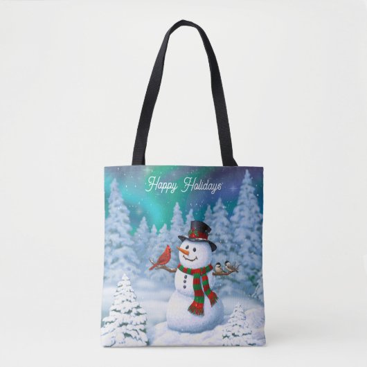 Tote Bag Joyeux Noël Snowman & Birds Winter Scene (Devant)