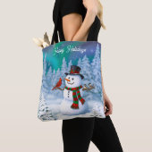 Tote Bag Joyeux Noël Snowman & Birds Winter Scene (De près)
