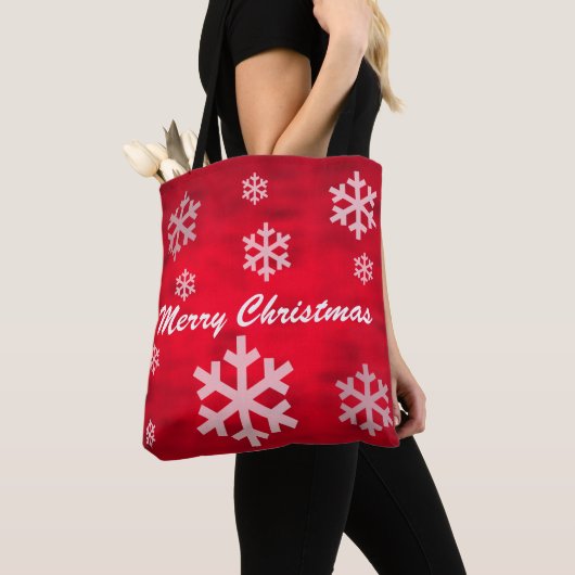 Tote Bag Joyeux Noël texturé rouge avec des flocons de neig (De près)