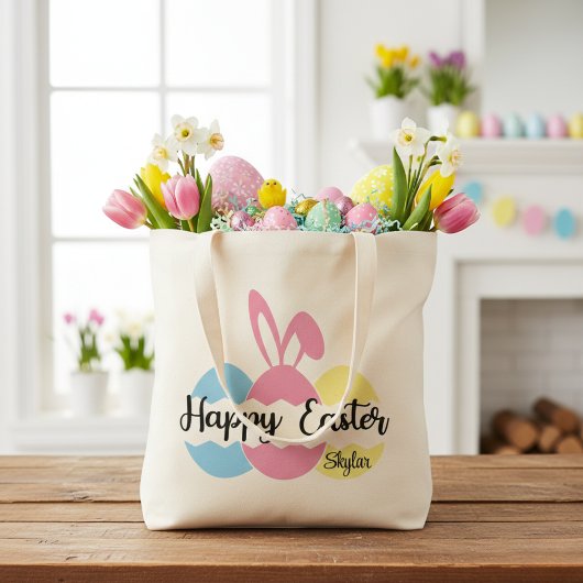 Tote Bag Joyeux Oeufs Pastel de Pâques et Oreilles de lapin