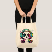 Tote Bag Joyeux Panda avec écouteurs écoutant de la musique (Devant (produit))