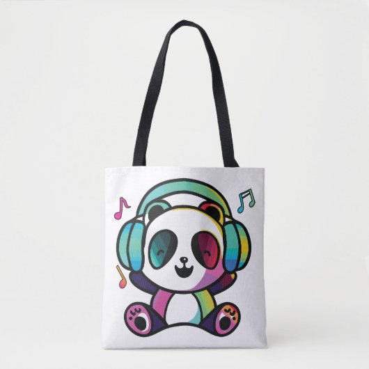 Tote Bag Joyeux Panda avec écouteurs écoutant de la musique (Devant)