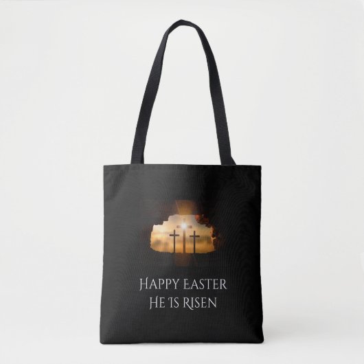 Tote Bag Joyeux Pâques Il est ressuscité Trois Croix (Devant)