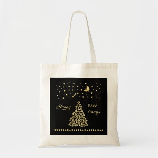Tote Bag Joyeux Pawlidays, Or brillant Paw sapin de Noël (Devant)