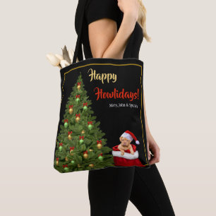 Tote Bag Joyeux Père Noël Puppy Christmas Tree Red Poinsett