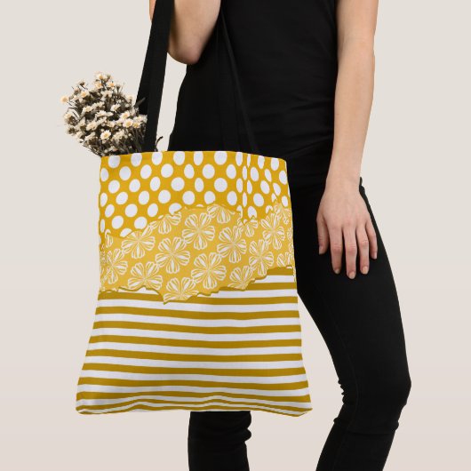 Tote Bag Joyeux rayures Jaune Polka Floral Couché (De près)