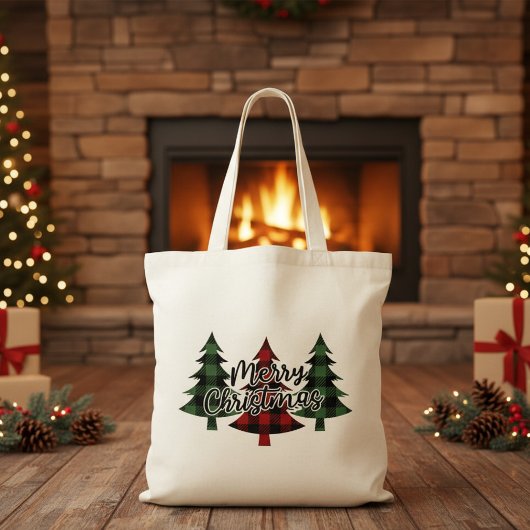 Tote Bag Joyeux sapins rouges et verts de Noël