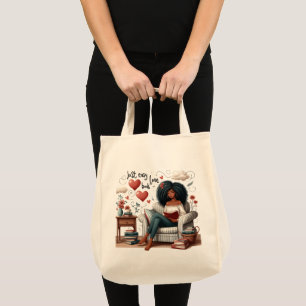 Tote Bag Just Easy Love Book, African American Girl Reading
