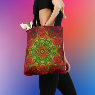Tote Bag Kaleidoscope psychédélique Fleur vert et rouge