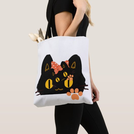 Tote Bag Kawaii Black Cat Peekaboo Art with Bow (De près)