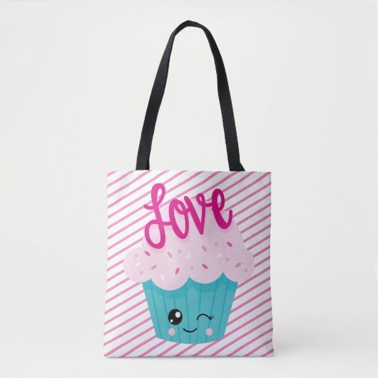 Tote Bag Kawaii Cupcake Love Rose Turquoise Stripe mignonne (Devant)