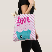 Tote Bag Kawaii Cupcake Love Rose Turquoise Stripe mignonne (De près)